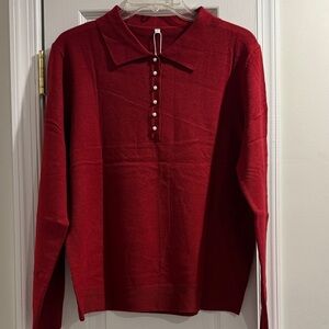 Red Collared Sweater with Button Detail